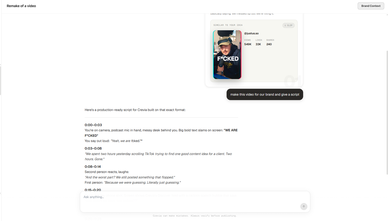Crevia rewrites the video into a script made for your brand.