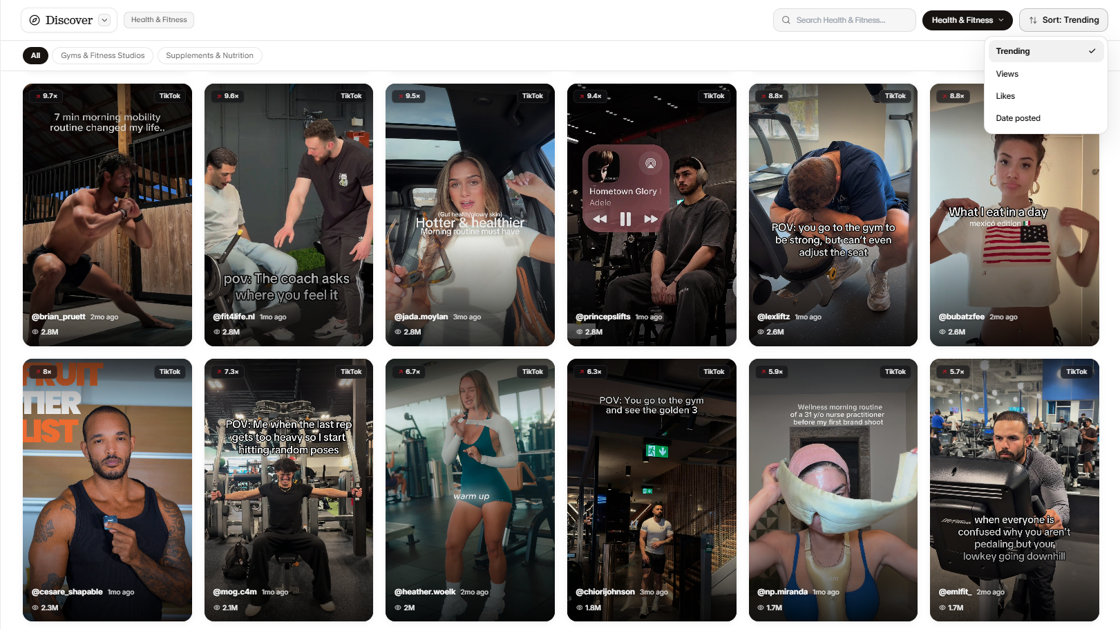 The Discover page — sort by views, likes, or newest, and search your niche.